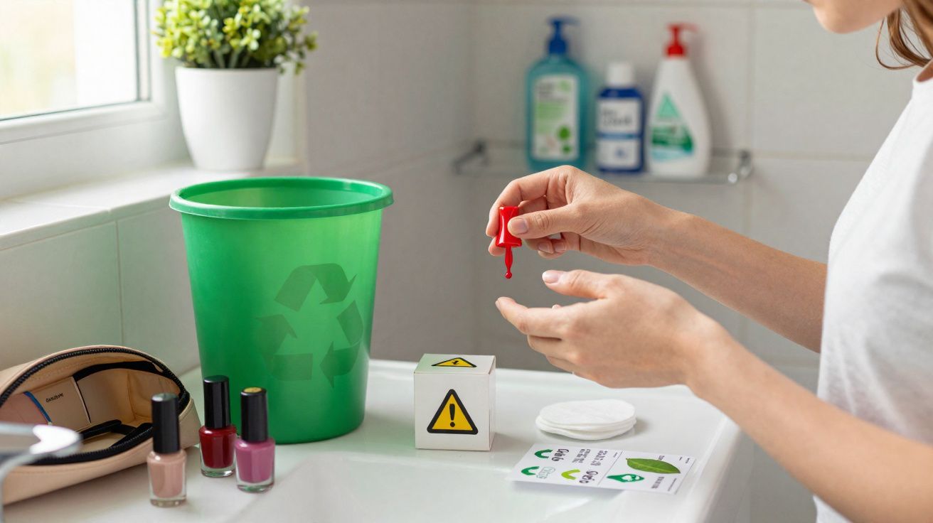 Person applying nail polish with green recycling bin and nail care products on bathroom sink countertop.