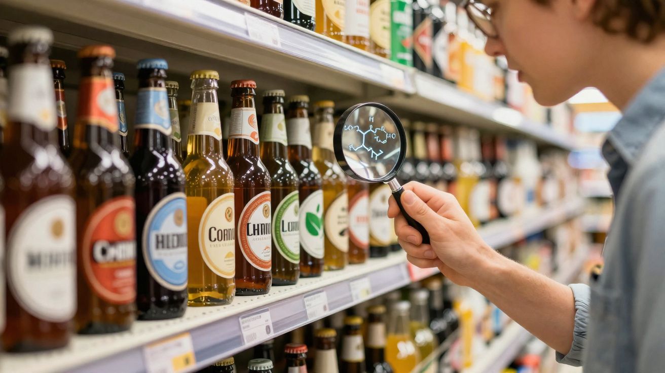 Person holding magnifying glass examining chemical formula on a beer bottle label in a supermarket aisle.
