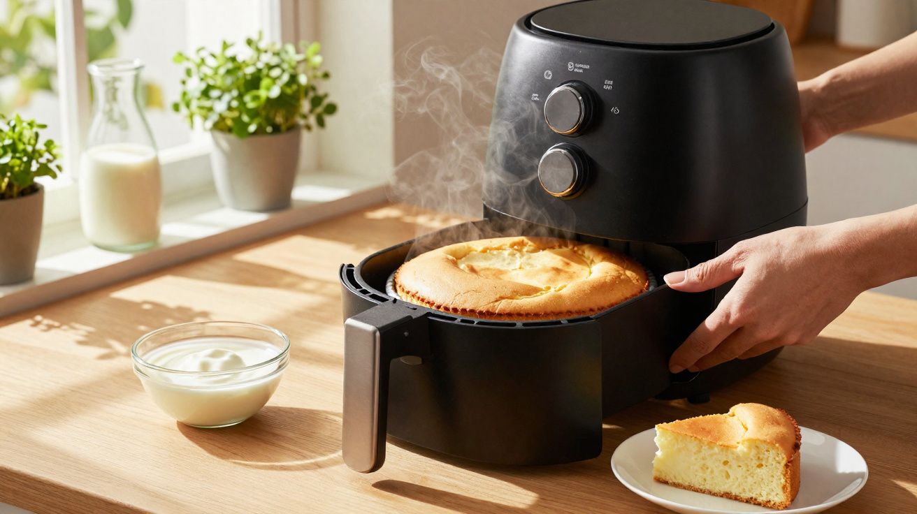 Hands removing a freshly baked cake from a black air fryer on a wooden kitchen table.