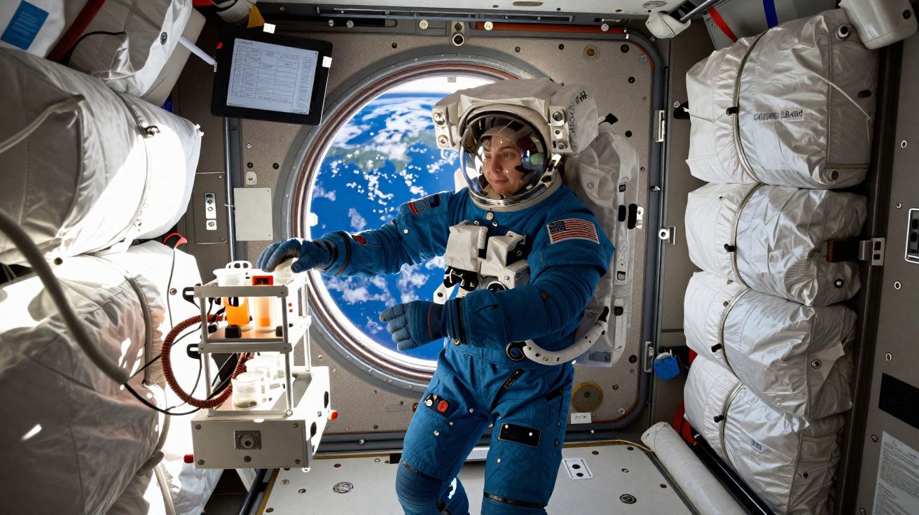 Astronaut in blue suit floating inside spacecraft with Earth visible through circular window behind them.