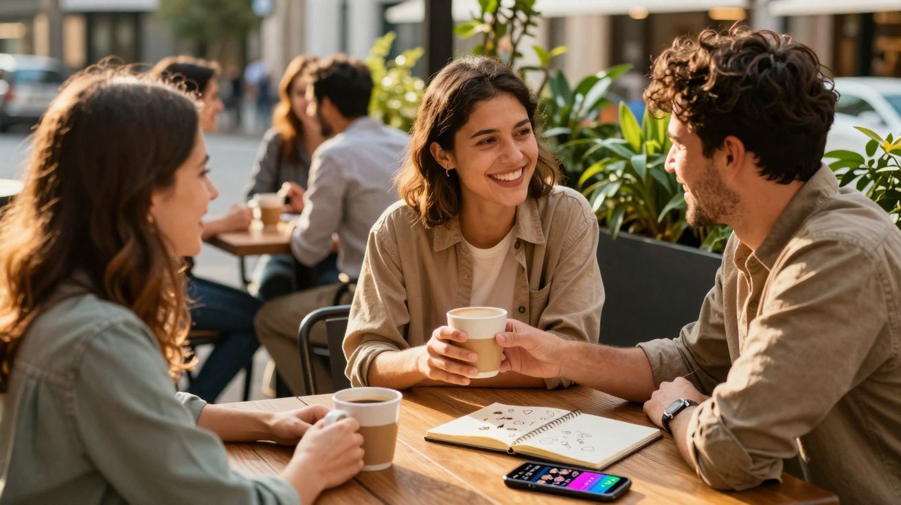 Three young adults smiling and drinking coffee together at an outdoor café table in daylight.