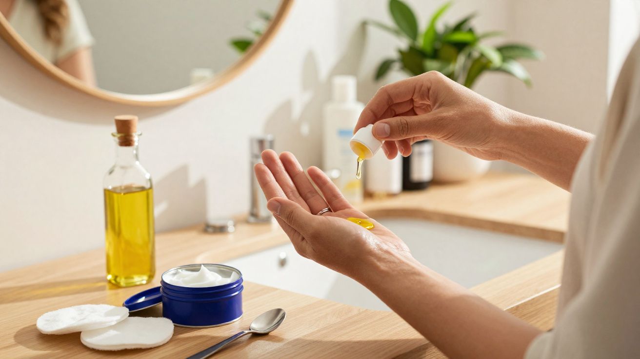Hands applying facial oil from a dropper over a wooden bathroom countertop with skincare products nearby.