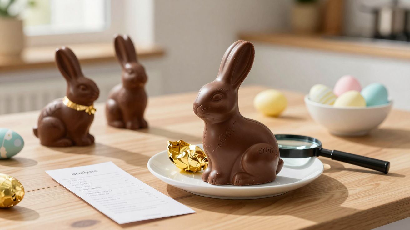 Three chocolate Easter bunnies on a wooden table with pastel eggs in the background and a magnifying glass nearby.