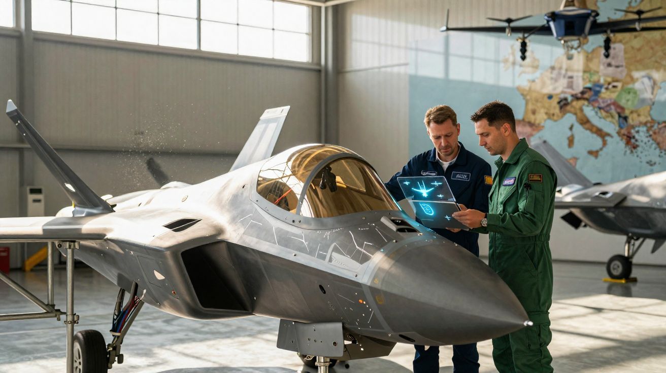 Two men in uniform inspecting a fighter jet inside an aircraft hangar with a digital display.