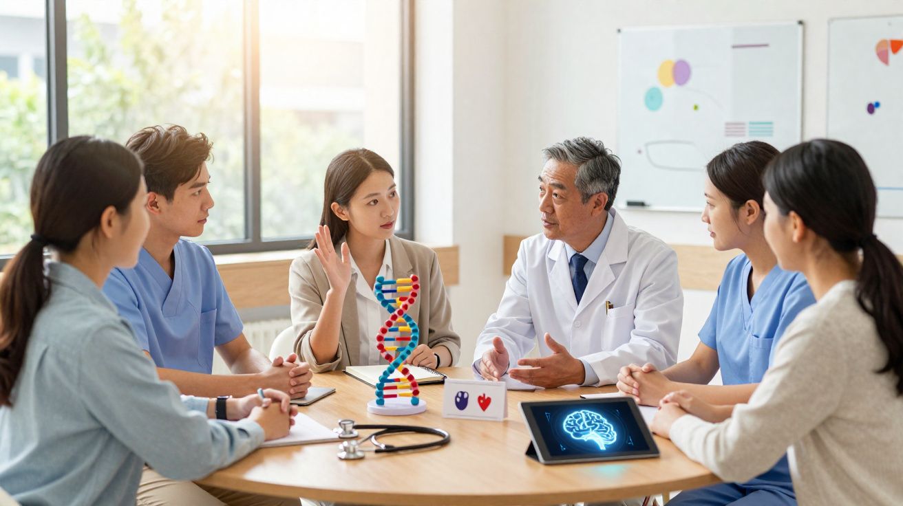 Medical professionals in a meeting discussing genetics model and brain scan on a tablet around a table.