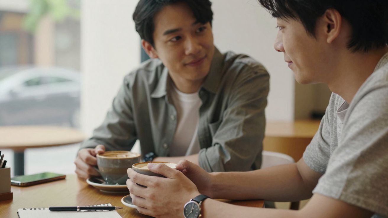Two men sitting at a table in a café, holding cups of coffee and engaging in conversation.