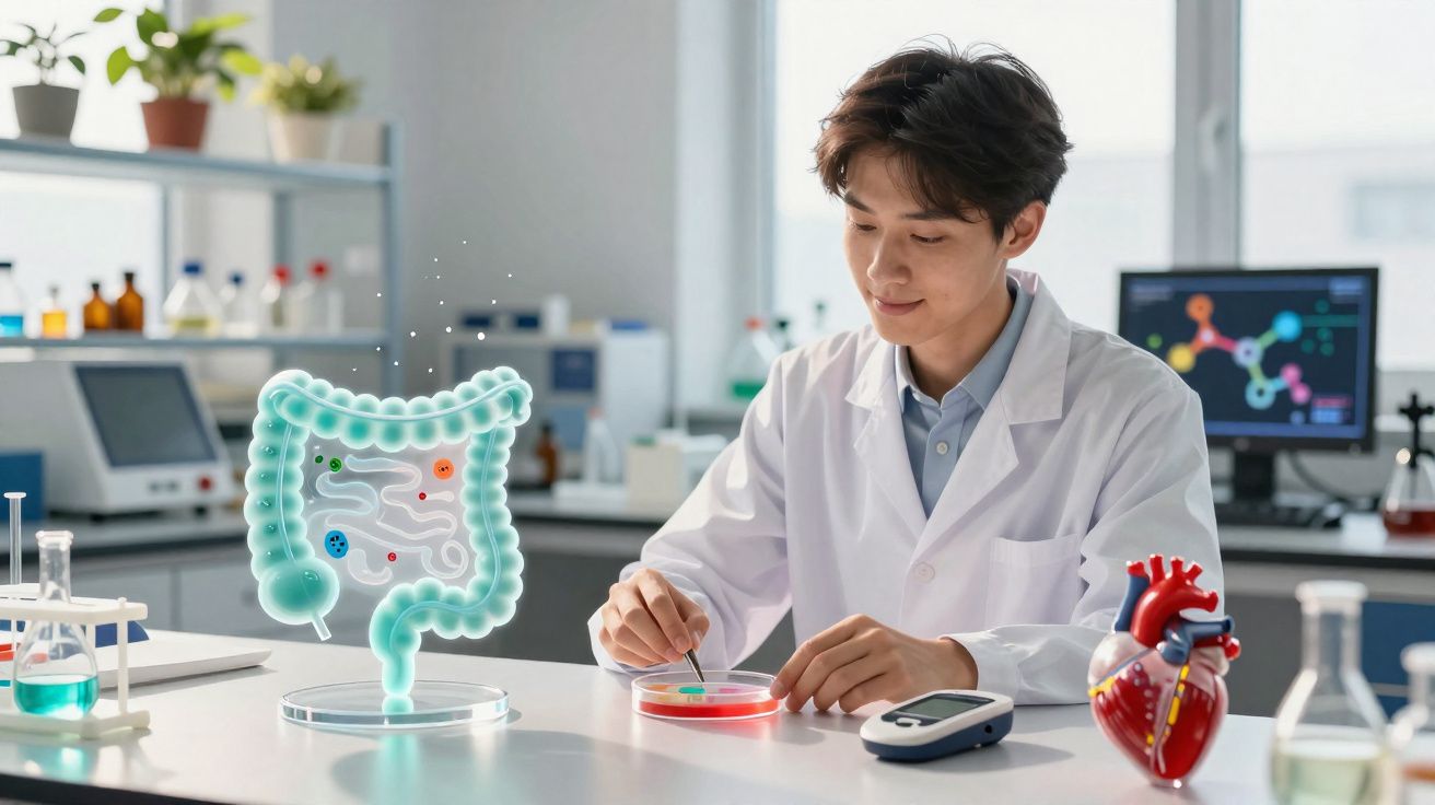 Scientist in lab coat analysing petri dish with digital intestine and heart model on table in laboratory.