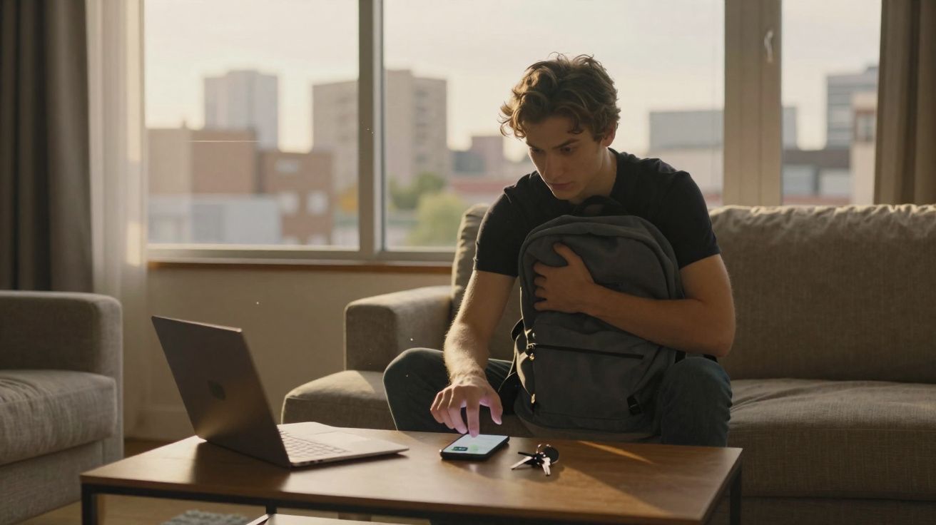Young man sitting on a sofa holding a backpack and using a smartphone with a laptop on the table in a bright room.