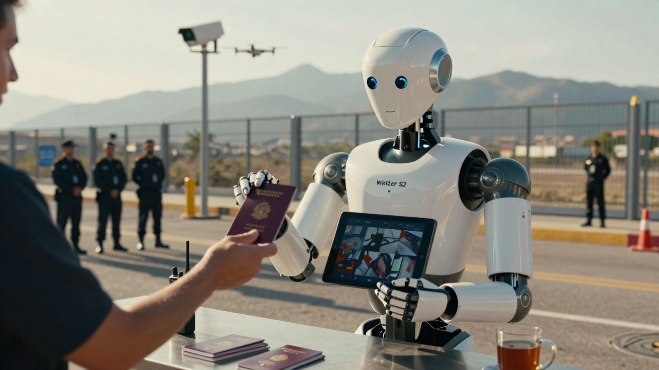 Robot with tablet scans passport at outdoor security checkpoint with officers and drone in background.