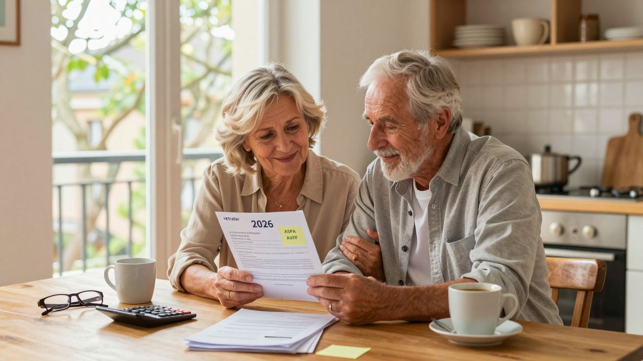 Elderly couple sitting at kitchen table reviewing 2026 documents with coffee, glasses, and calculator nearby.