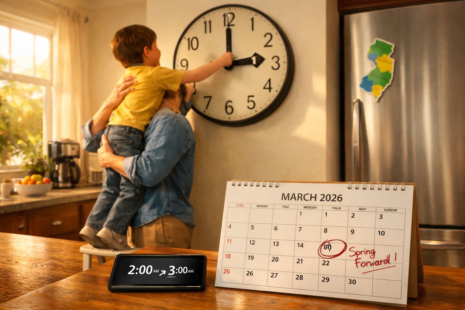 Father lifting son to adjust clock for daylight saving time with March 2026 calendar marked "Spring Forward" on kitchen table