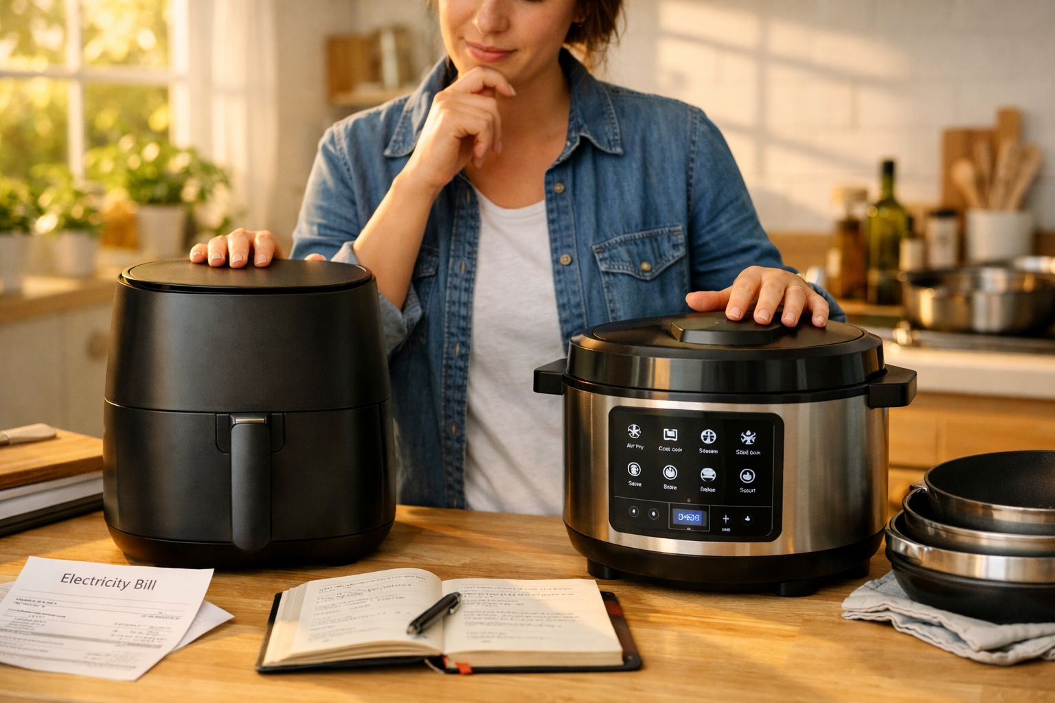 Person comparing a black air fryer and a stainless steel multifunctional electric cooker on a kitchen counter.