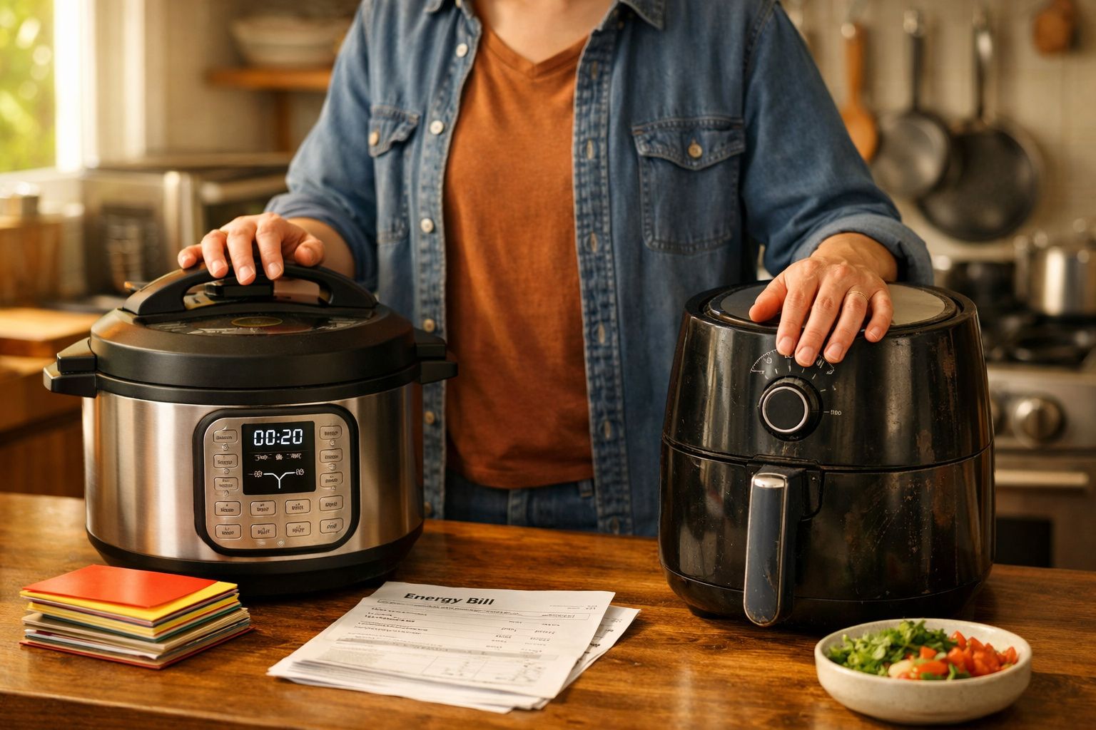Person using a multicooker and an air fryer on a wooden kitchen countertop with recipe cards nearby