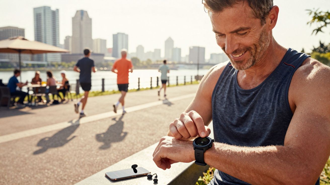 Man in sporty attire checking smartwatch by a riverside path with joggers and city skyline in background.