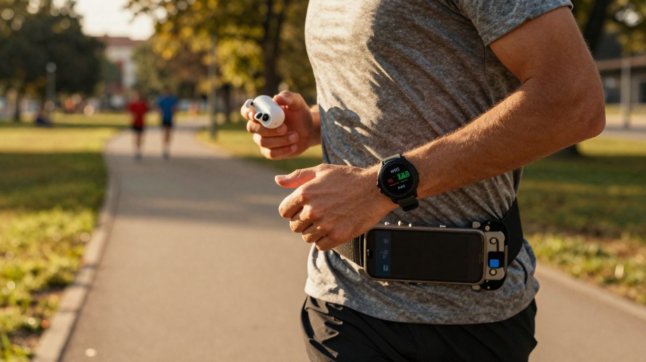 Close-up of a runner adjusting earbuds with a fitness watch and smartphone attached to a running belt outdoors.
