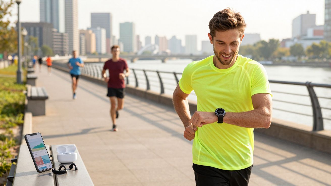 Man in bright yellow t-shirt checking smartwatch while jogging on riverside path in city park.