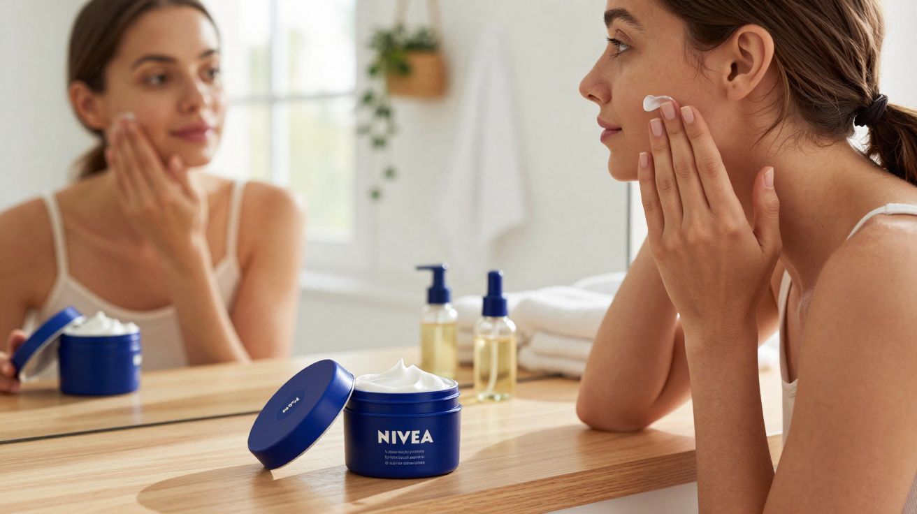 Woman applying Nivea face cream in front of a bathroom mirror with skincare products on the counter.