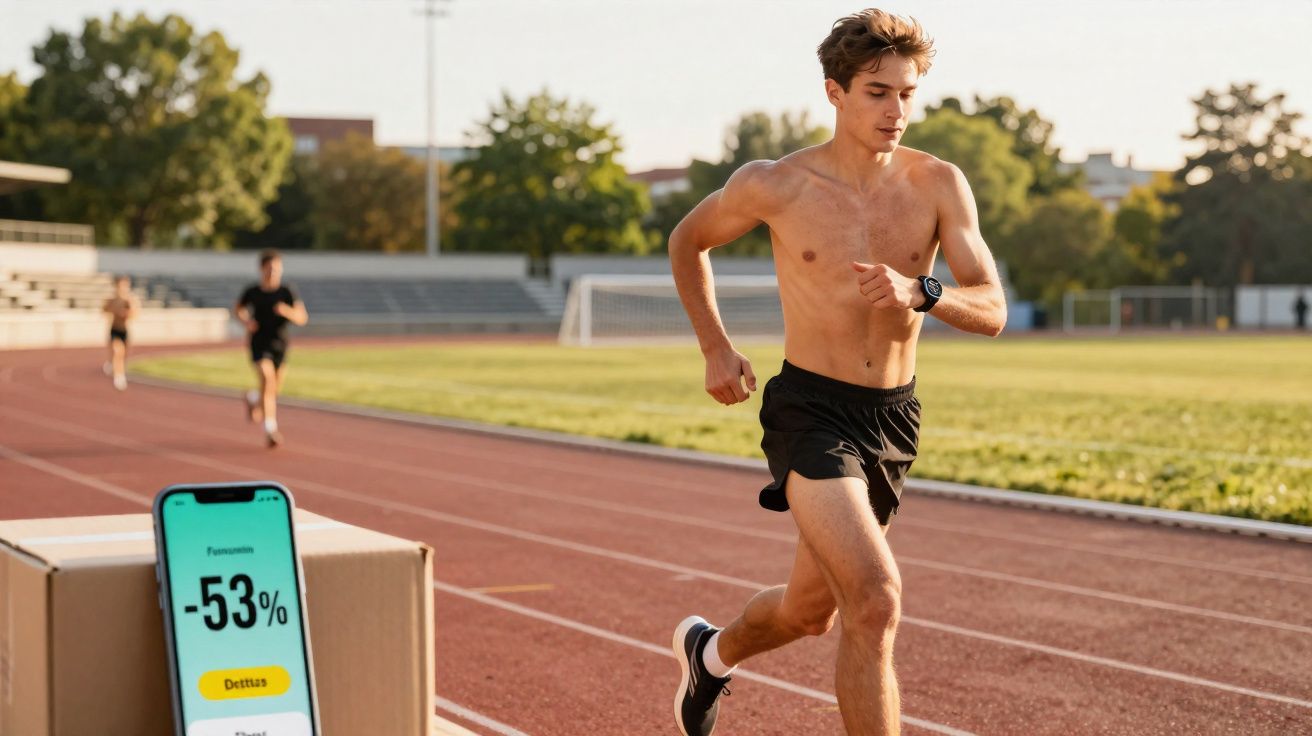 Shirtless male runner on a track with a fitness app showing -53% fatigue in the foreground.