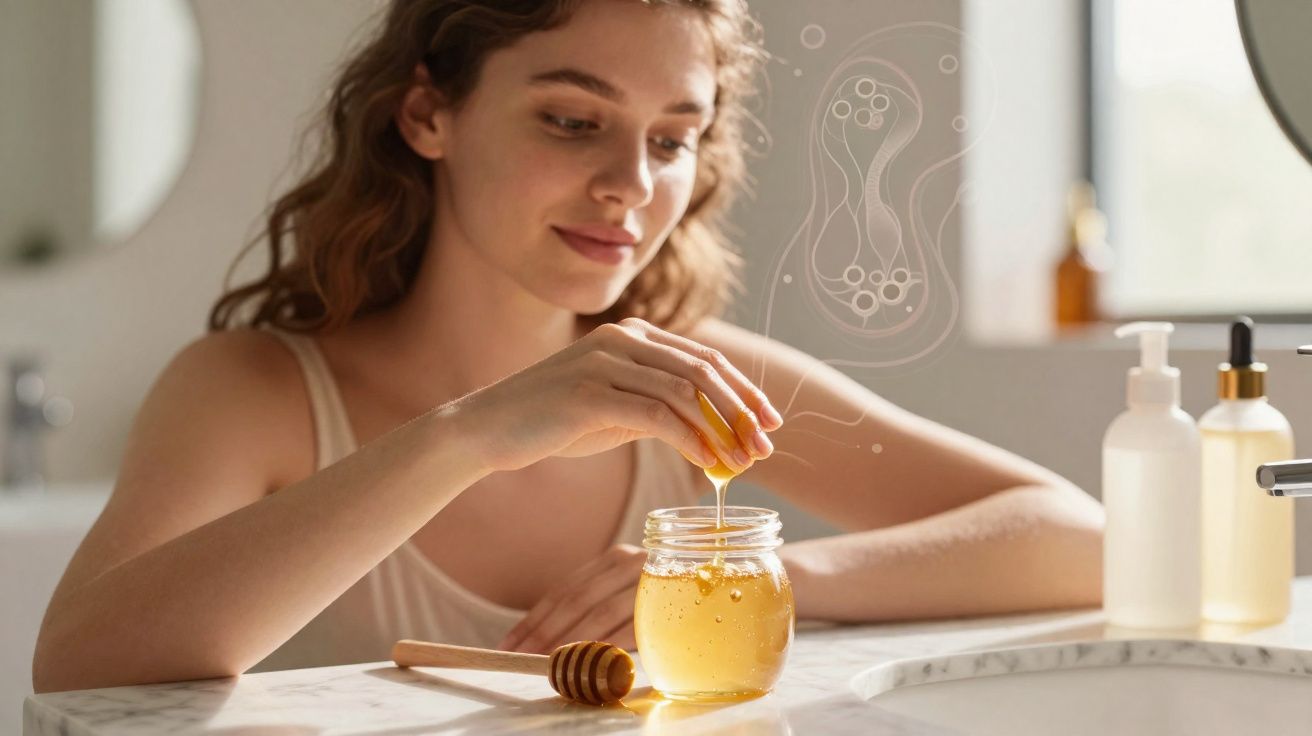 Young woman smiling while dipping a honey dipper into a jar of honey on a bathroom counter.