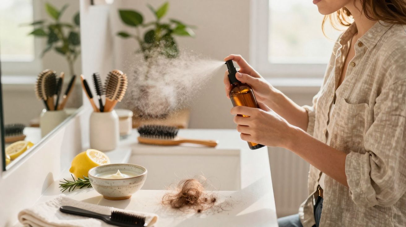A woman sprays a hair product from a brown bottle on a bathroom counter with hair strands and brushes.
