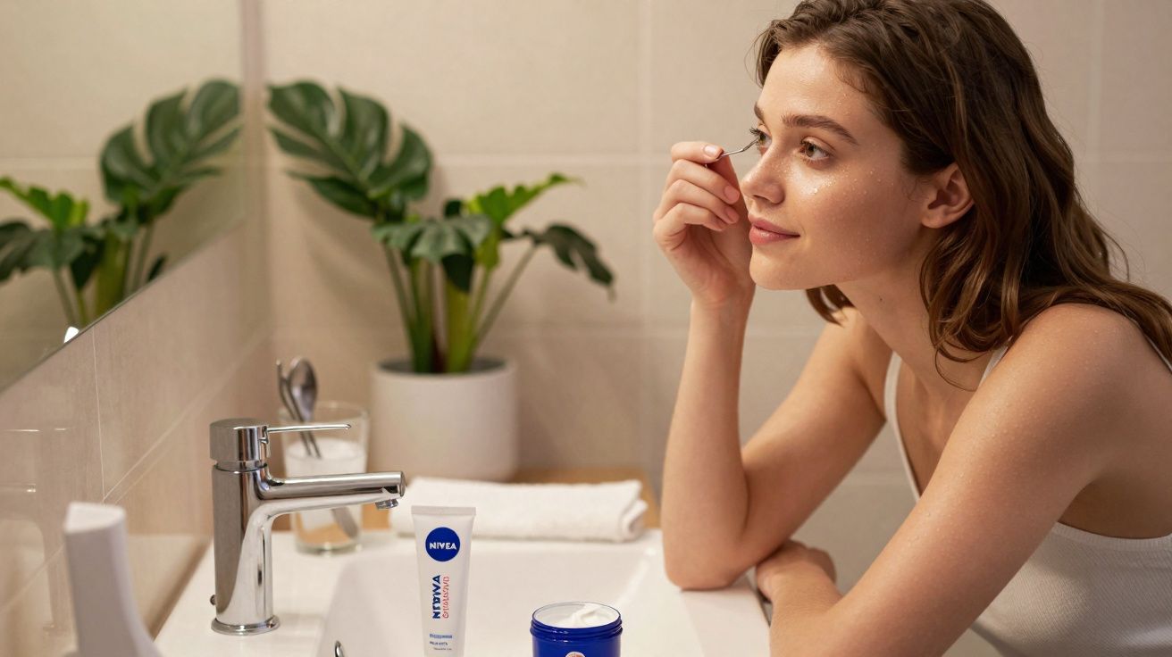 Woman applying mascara in bathroom with skincare products on the sink and green plants in the background