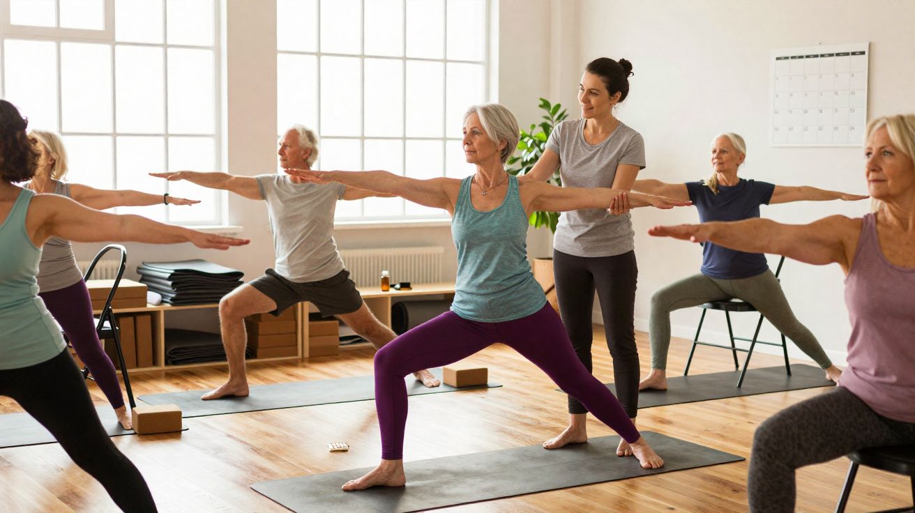 Group of older adults practising yoga with a female instructor in a bright studio with wooden floors.