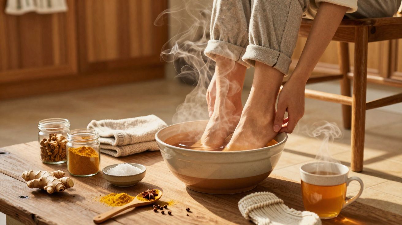 Person soaking feet in a steaming warm herbal foot bath with spices and tea nearby.