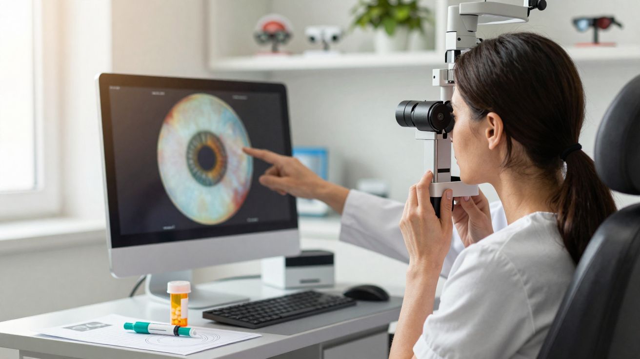Female optometrist examining eye using slit lamp while pointing at iris image on computer screen in clinic.