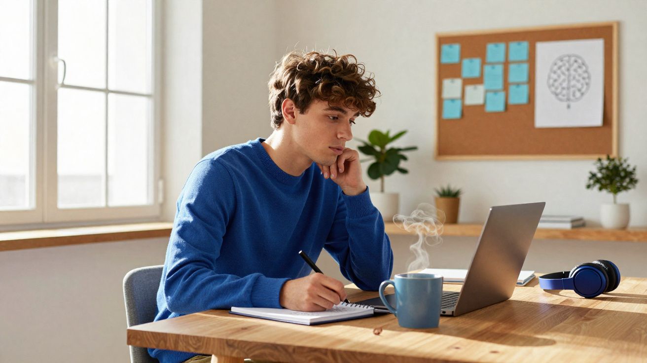 Young man in blue sweater studying with laptop, notebook, steaming mug, and headphones in bright room
