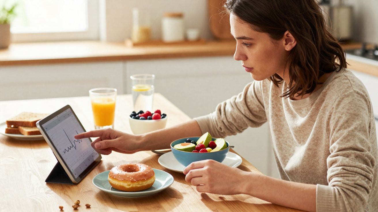 Woman analysing a graph on a tablet while having breakfast with fruit, a doughnut, juice, and toast at a kitchen table.