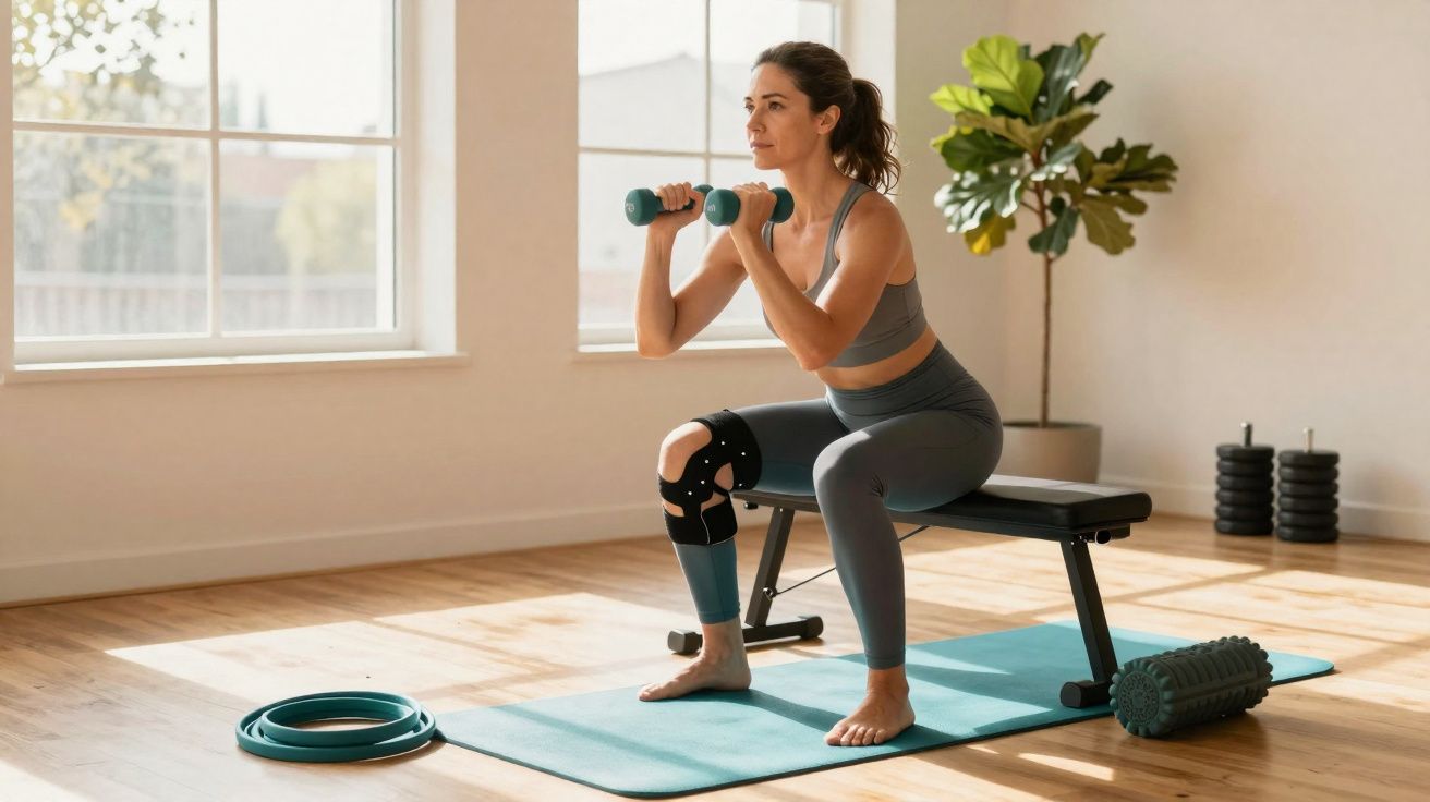 Woman in sportswear doing weighted squats on a yoga mat in a bright room with exercise equipment.