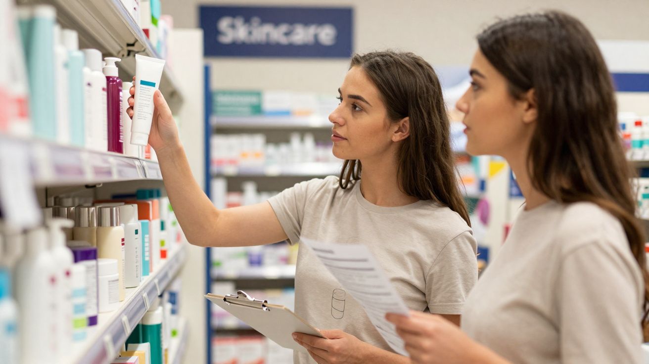 Two women with clipboards selecting skincare products from store shelves in a pharmacy aisle.