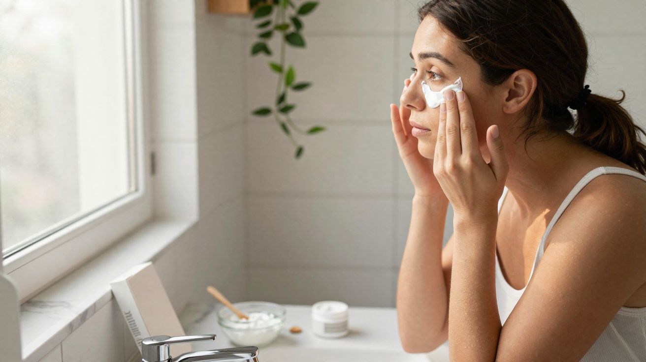 Woman applying face cream in a bright bathroom near a window with plants in the background