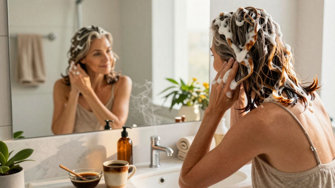 Middle-aged woman washing hair with shampoo, looking at her reflection in a bathroom mirror.