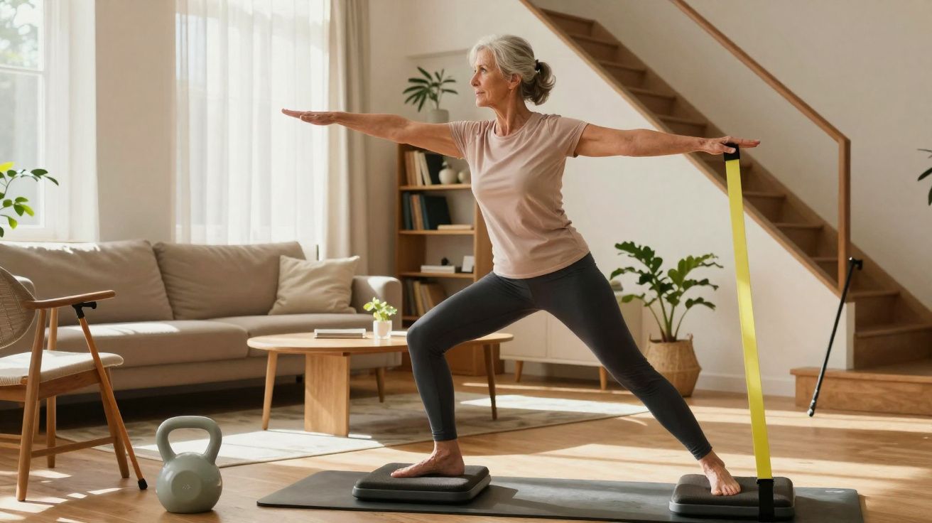Older woman practising yoga at home on a mat, holding resistance band, with kettlebell and cosy living room background.