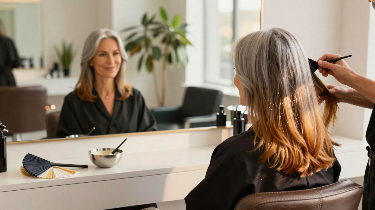 Woman with grey and blonde hair sitting in a salon chair while a hairstylist combs her hair in front of a mirror.