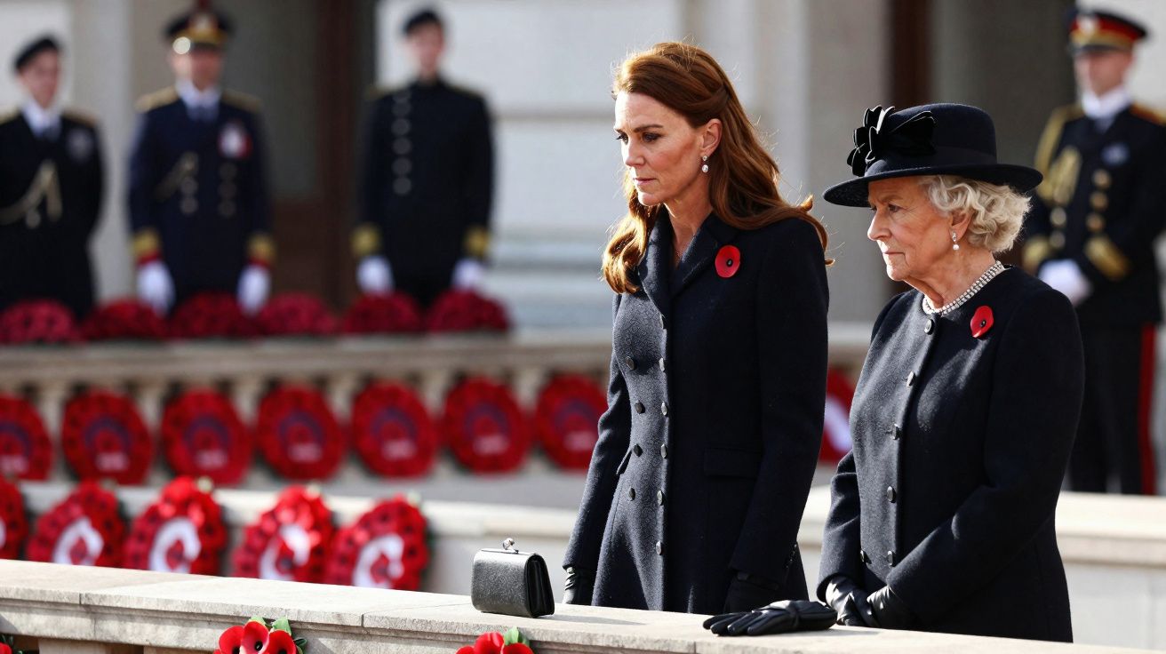 Two women in black coats and poppy pins stand solemnly at a memorial with wreaths and uniformed guards behind.