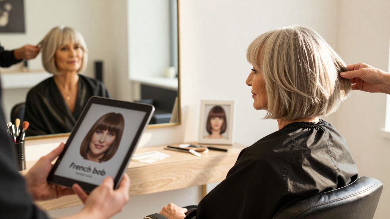 Woman with grey bob haircut at salon, stylist showing hairstyle options on tablet.