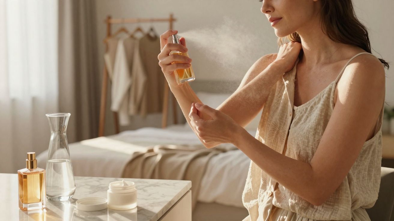 Woman spraying perfume on her wrist in a softly lit bedroom with skincare products on a marble table.