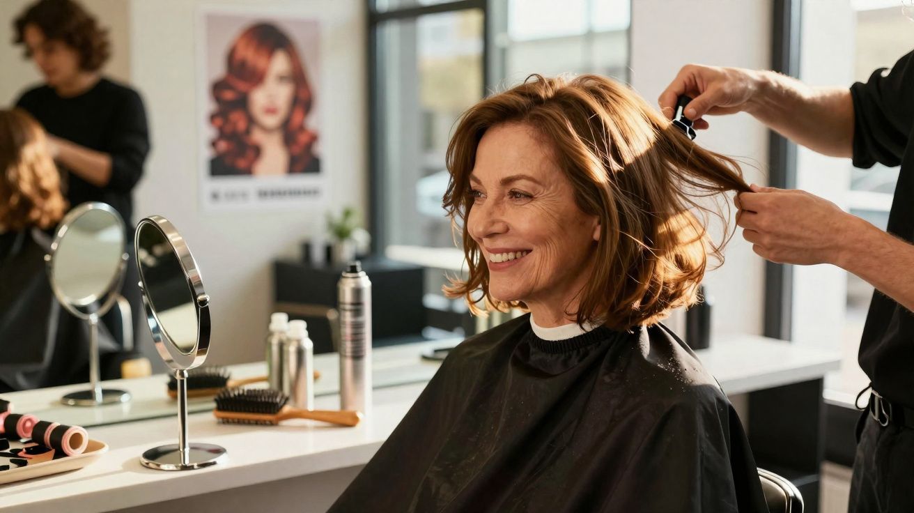 Smiling middle-aged woman getting her hair styled by a hairdresser in a bright, modern salon.