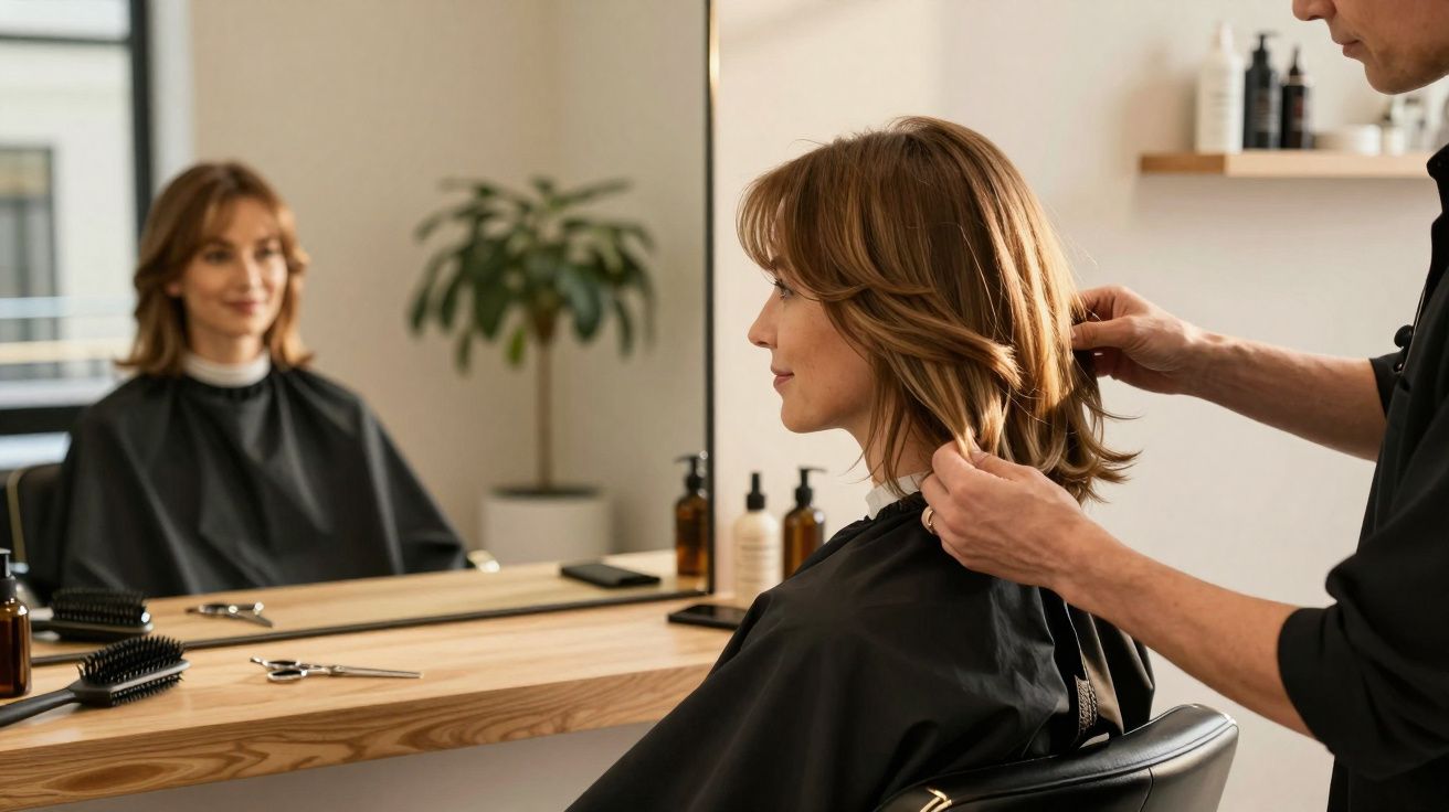 Woman with shoulder-length hair getting a haircut at a salon, looking at herself in the mirror.