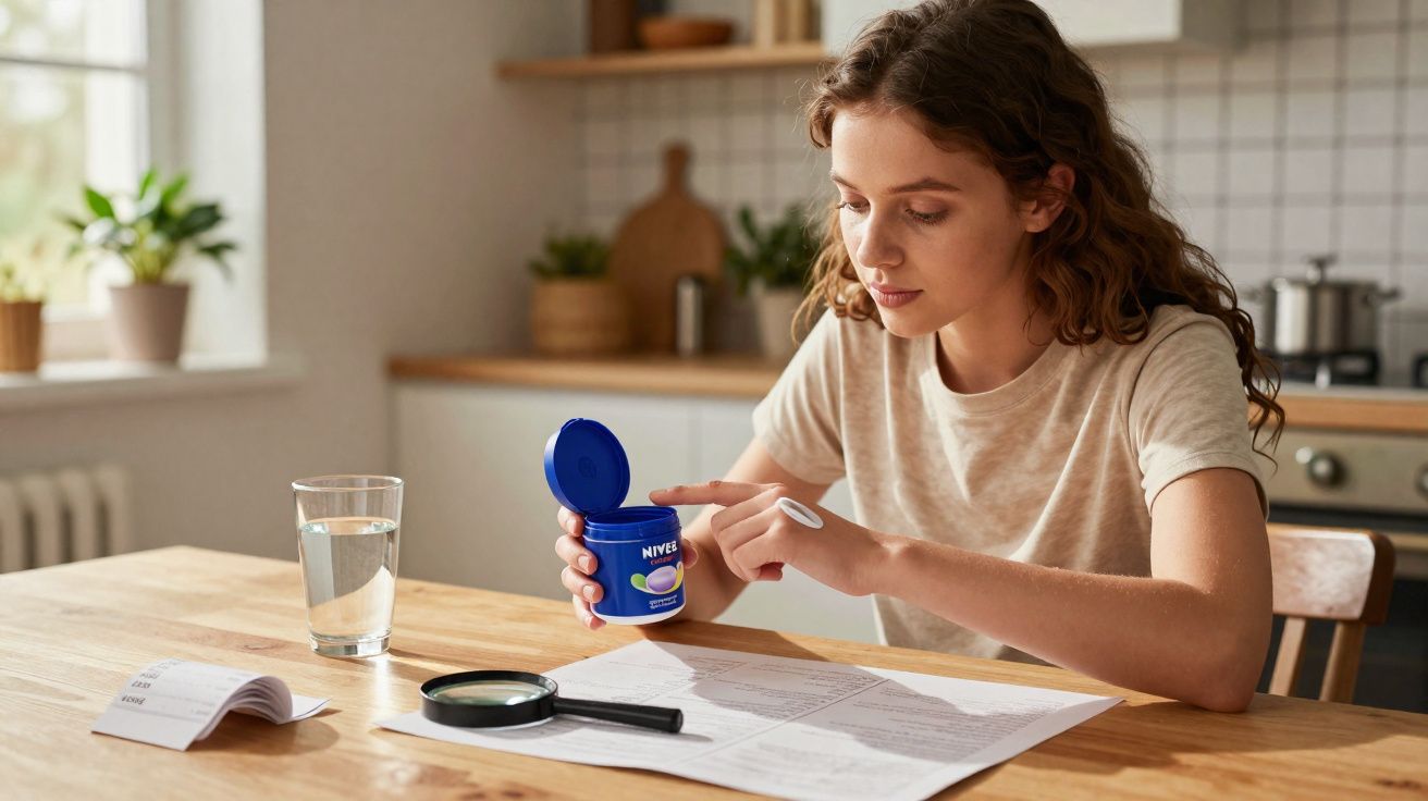 Young woman applying cream from a Nivea container while sitting at a kitchen table with documents and a magnifying glass.