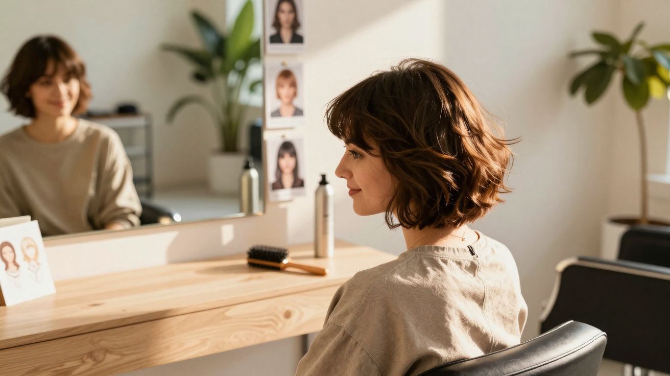 Woman with short brown hair sitting in a salon chair, looking at her reflection in a mirror.