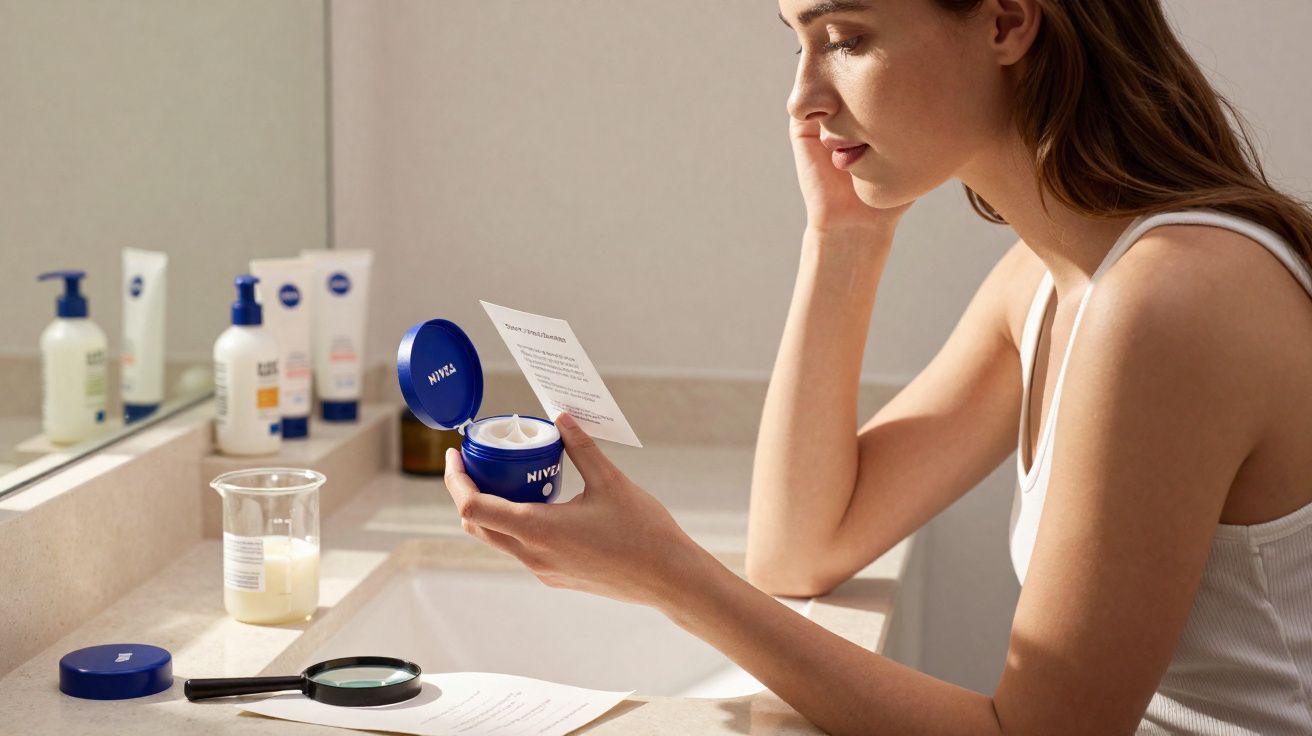 Woman sitting at bathroom counter reading instructions on a jar of Nivea cream with skincare products around her.