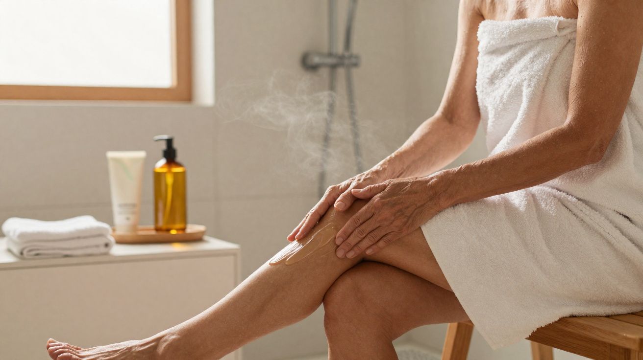 Person in a white towel applying lotion to their leg while sitting on a wooden stool in a steamy bathroom.