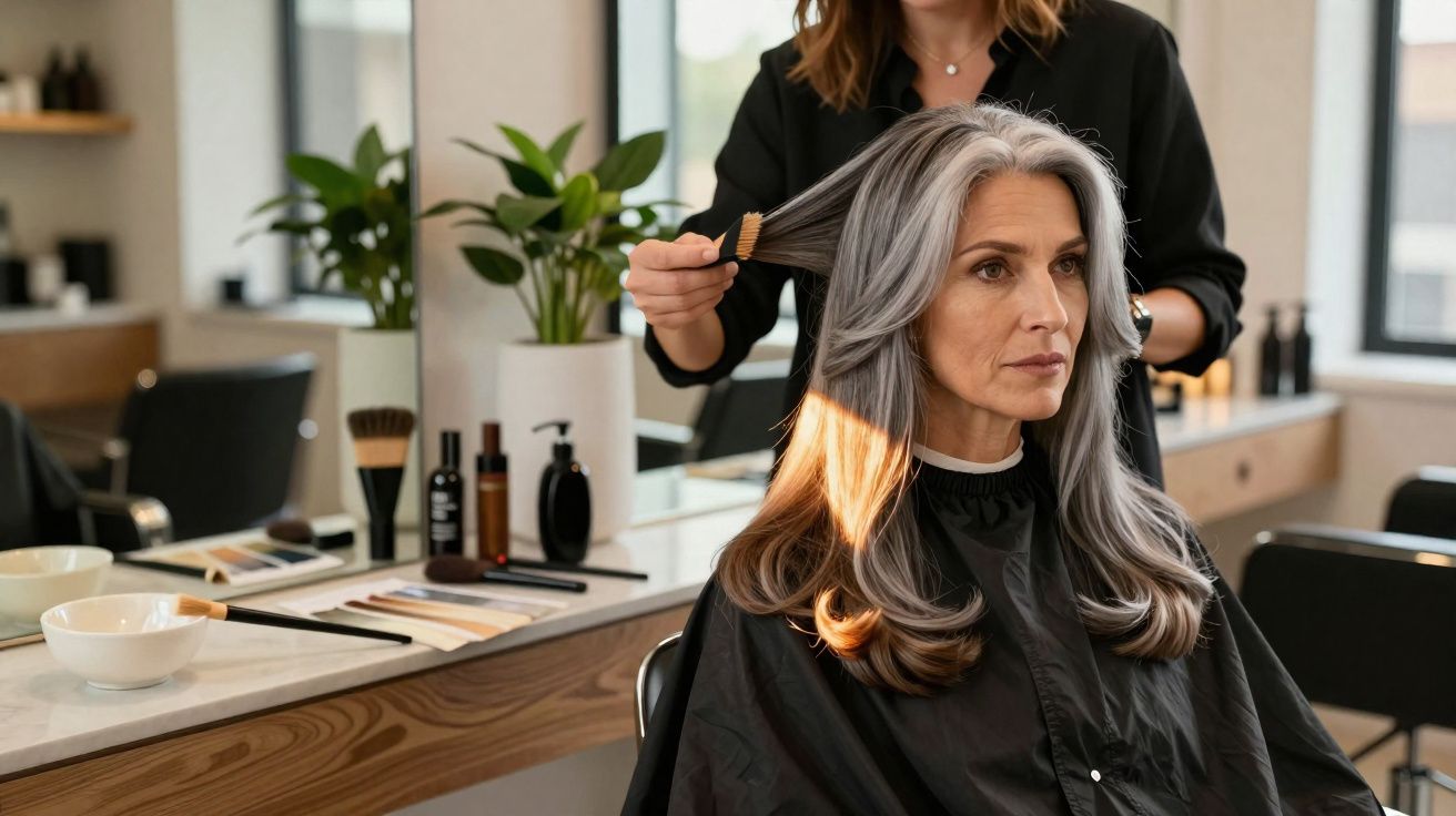 Middle-aged woman with long grey hair having it styled by a hairdresser in a salon.