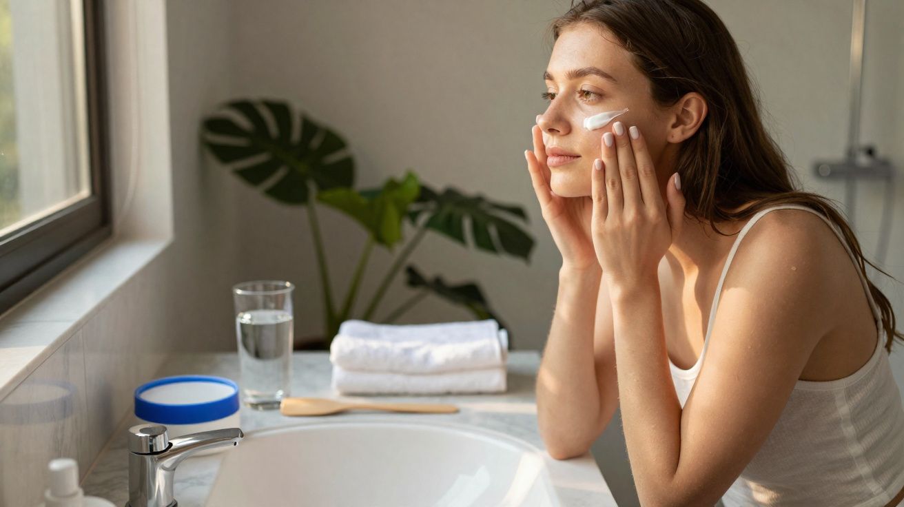 Young woman applying cream to her face in a bright bathroom by a window with plants and towels nearby.