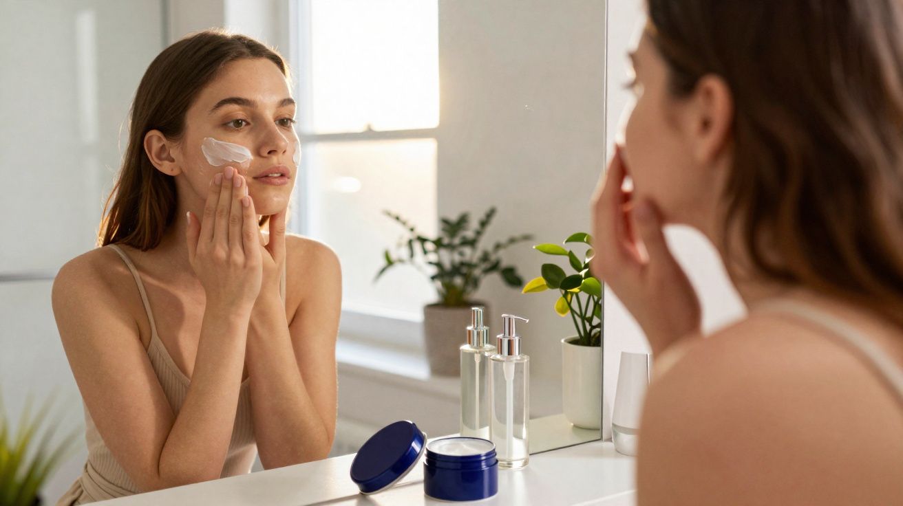 Young woman applying cream on her face in front of a mirror at a bright vanity table.
