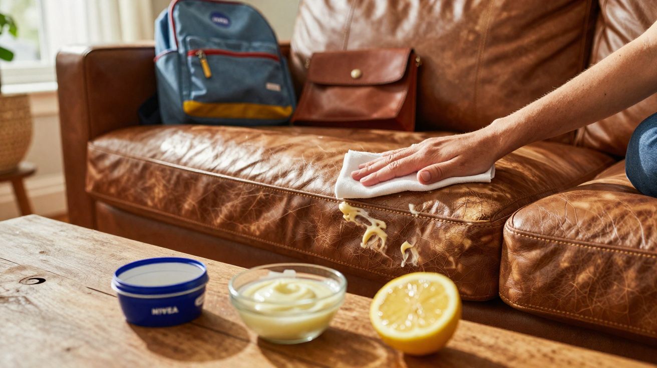 Hand wiping yellow stain off brown leather sofa with cloth and cream, lemon, and blue Nivea tub on table.