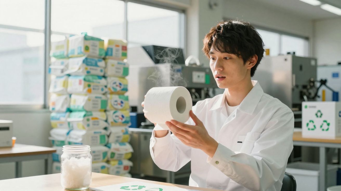 Man in white lab coat examining steaming toilet paper roll in bright industrial room with packaged products stacked behind hi